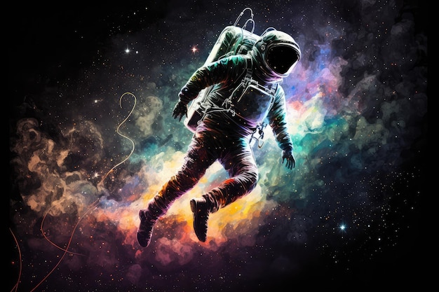 Astronauta artistico che fluttua nel vasto e infinito cosmo circondato da innumerevoli stelle