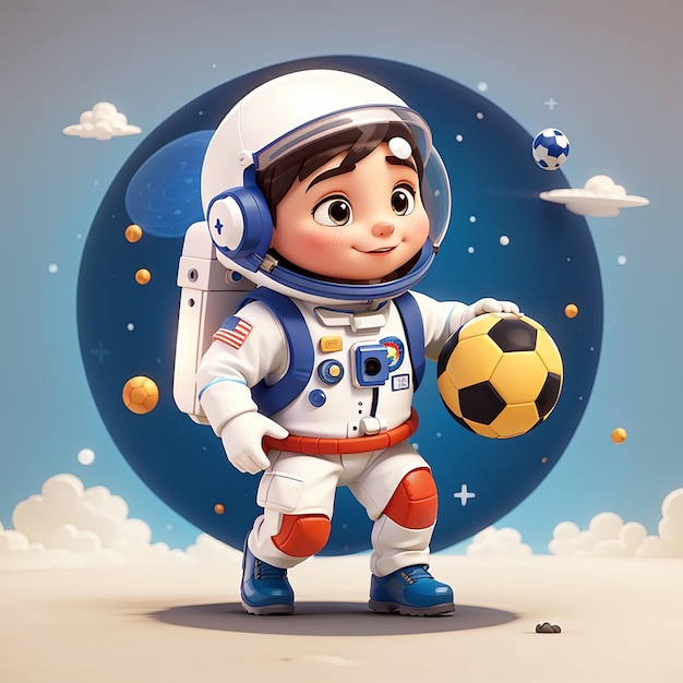 Astronauta carino che gioca a calcio con il pianeta terra palla cartone animato icona vettoriale illustrazione scienza sport