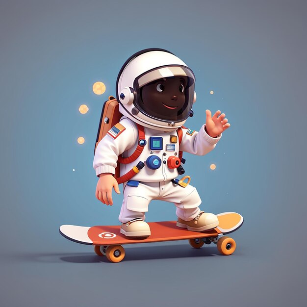 Astronauta carino che gioca a skateboard, cartone animato, icona vettoriale, illustrazione scientifica, sport, appartamento isolato.