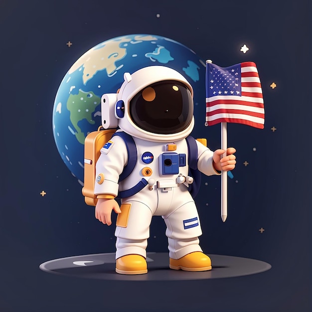 Astronauta carino che tiene la bandiera del razzo sulla luna icona vettoriale di cartoni animati illustrazione icona della tecnologia scientifica