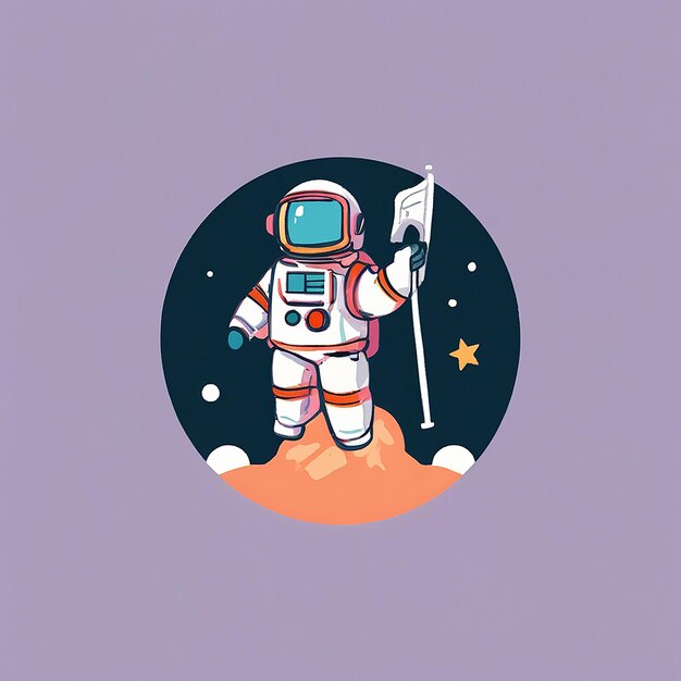 Astronauta che atterra sulla Luna con la bandiera Cartoon Vector Icon Illustration Space Technology Icon Concept Isolato Premium Vector