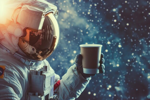 Astronauta che beve una tazza di caffè nello spazio