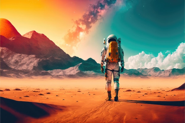 Astronauta che cammina attraverso il deserto su sfondo astratto pianeta Marte