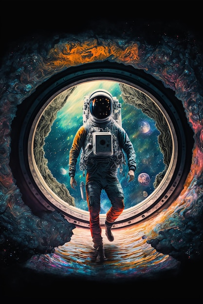 Astronauta che cammina attraverso il portale a milioni di miglia di distanza da casa