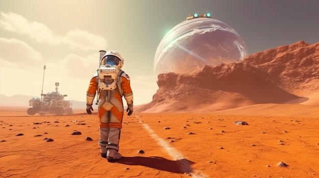 Astronauta che cammina in tuta spaziale sulla superficie di Marte durante la missione esplorativa con un veicolo rover hitech