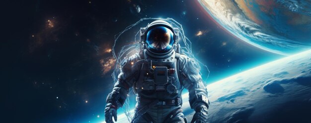 Astronauta che cammina nello spazio esplorando i pianeti dell'universo e la vita spaziale bandiera Generative Ai