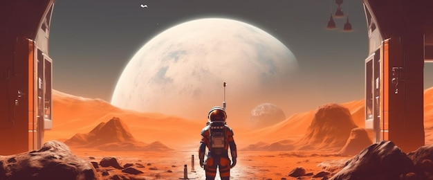 Astronauta che cammina su un pianeta rosso con la luna sullo sfondo