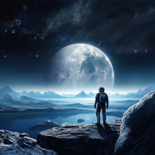Astronauta che contempla una gigantesca luna sopra un paesaggio alieno