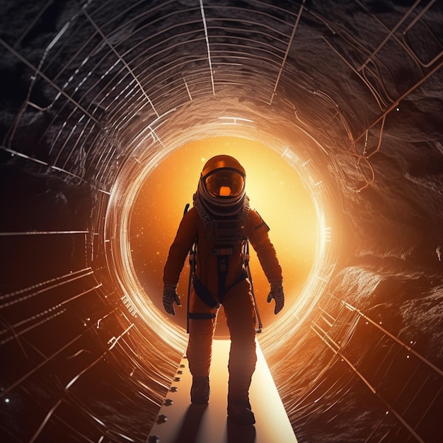 Astronauta che entra in un tunnel con la parola spazio sul fondo