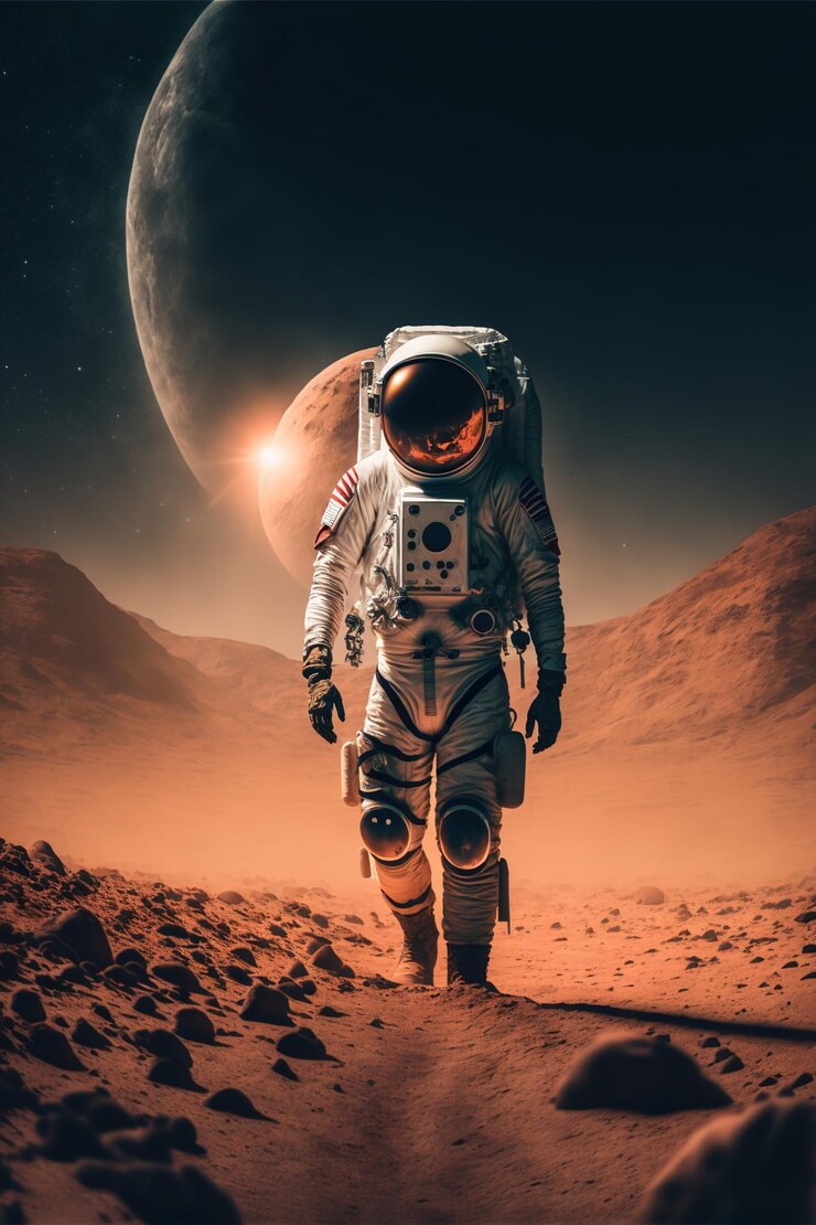 Astronauta che esplora il pianeta Marte con il sole e le montagne create utilizzando la tecnologia generativa dell'IA