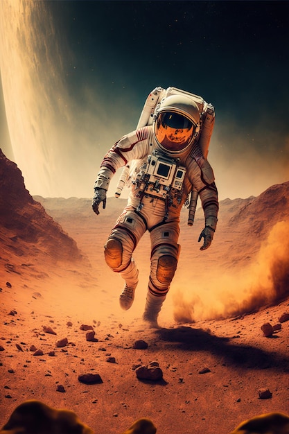 Astronauta che esplora il pianeta Marte con la polvere creata utilizzando la tecnologia generativa ai