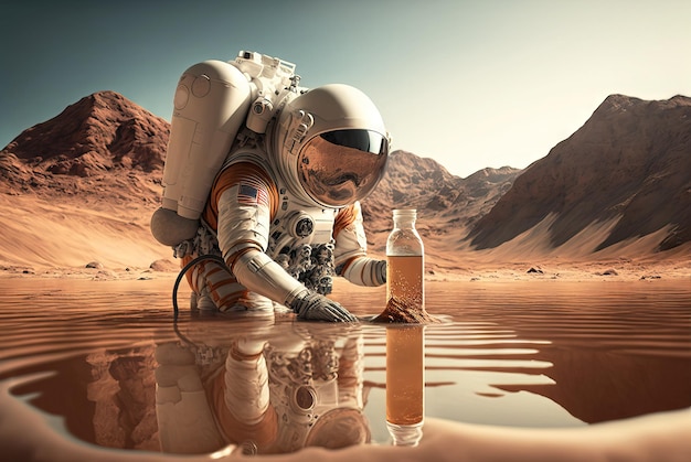 Astronauta che filtra l'acqua su un pianeta alieno IA generativa