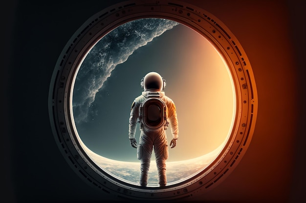 Astronauta che guarda fuori dall'oblò di un veicolo spaziale