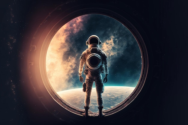 Astronauta che guarda fuori dall'oblò di un veicolo spaziale