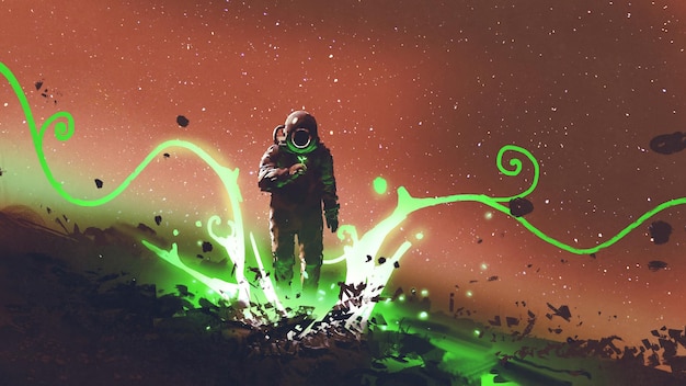 astronauta che guarda piante misteriose con luce verde, stile arte digitale, pittura illustrativa