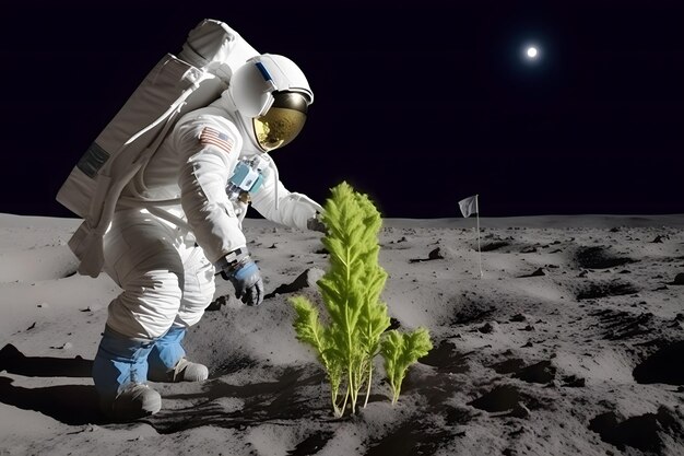 Astronauta che pianta un albero sulla luna o sulla rete neurale di Marte generata dall'intelligenza artificiale