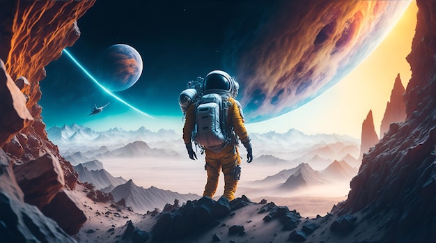 Astronauta che scopre un nuovo pianeta pieno di vita nave spaziale sullo sfondo pianeti nei vuoti dello spazio nel cielo AI Generative