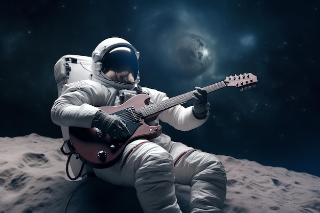 Astronauta che suona una chitarra sulla luna