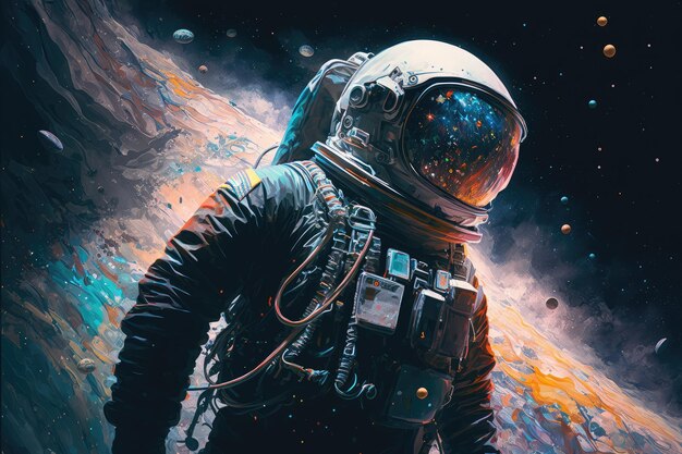 Astronauta circondato da stelle e galassie in opere d'arte fuori dal mondo