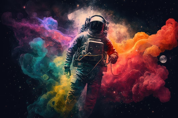 Astronauta circondato da una nebulosa vibrante e colorata che fluttua nello spazio