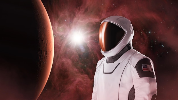 Astronauta con il pianeta Marte nello spazio Esplorazione tema Elementi di questa immagine forniti dalla NASA