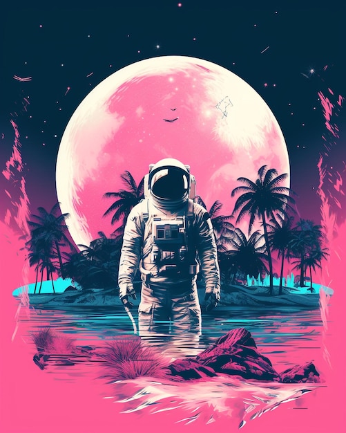 Astronauta con palme di colori rosa