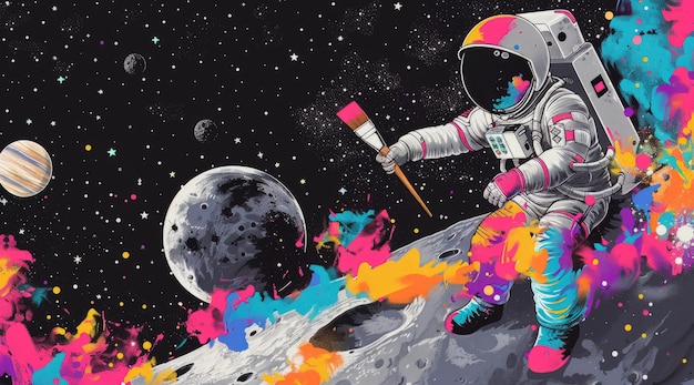 Astronauta con pennello e vernice nello spazio artificiale