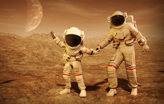 Astronauta con suo figlio sull'illustrazione di Marte 3D del pianeta