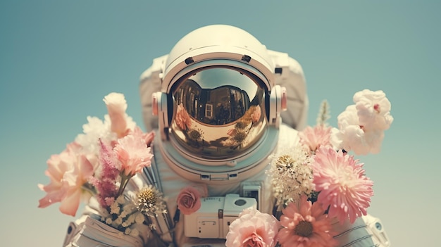 Astronauta con un bouquet di fiori su uno sfondo semplice