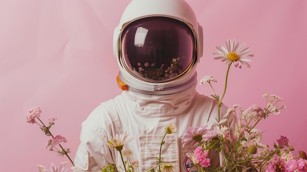 Astronauta con un bouquet di fiori su uno sfondo semplice