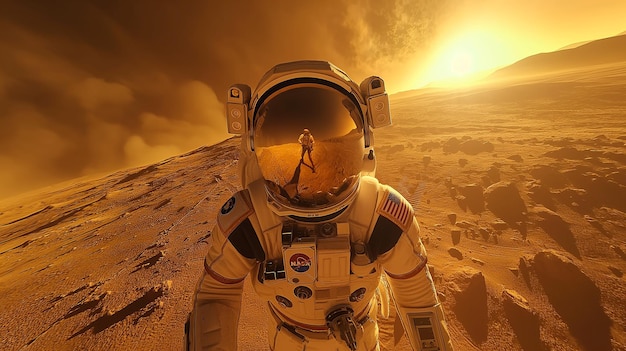 Astronauta con visore riflettente su Marte al tramonto