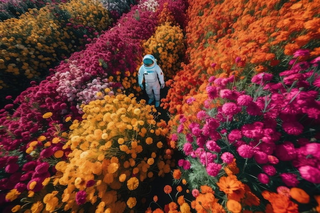 Astronauta con vista del vibrante campo di fiori dall'alto che galleggia tra i fiori