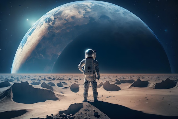 Astronauta coraggioso alla passeggiata spaziale sulla luna Rete neurale AI generata