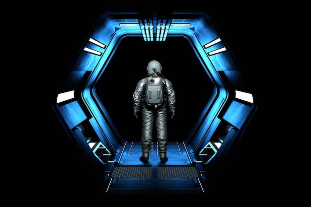 Astronauta cosmonauta va nello spazio lungo il corridoio Voli di esplorazione spaziale verso stelle e galassie lontane L'uomo in tuta spaziale si trova nel tunnel della stazione spaziale rendering 3d