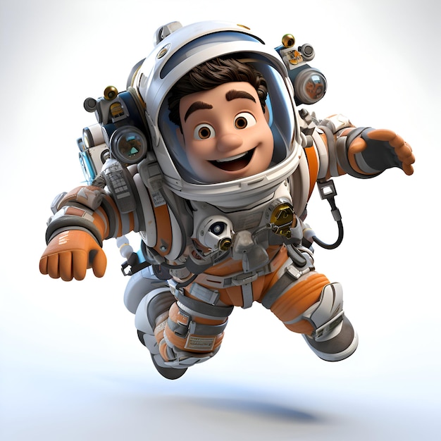 Astronauta dei cartoni animati con la mano sull'anca su uno sfondo bianco Illustrazione 3D.