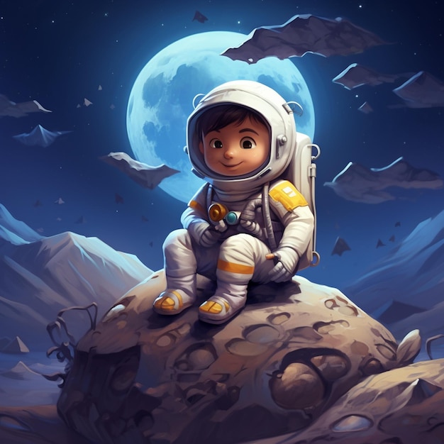 Astronauta dei cartoni animati seduto su una roccia con la luna piena sullo sfondo