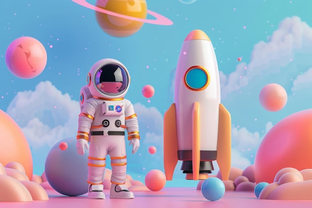 Astronauta dei cartoni animati vicino a un piccolo razzo su un pianeta alieno