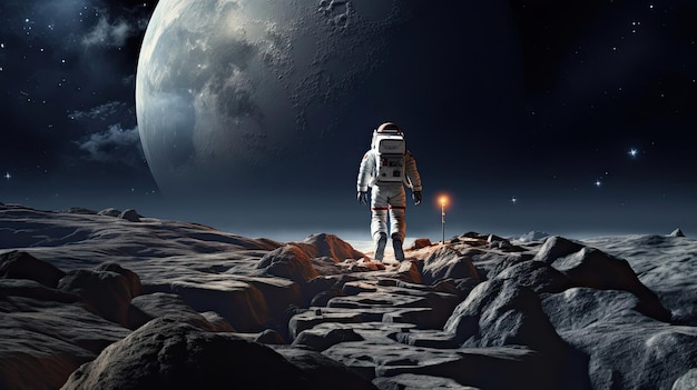 Astronauta determinato che cammina sulla luna