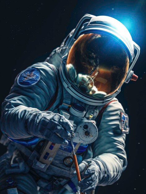 Astronauta di avventura cosmica con fiore in gravità zero generato dall'AI