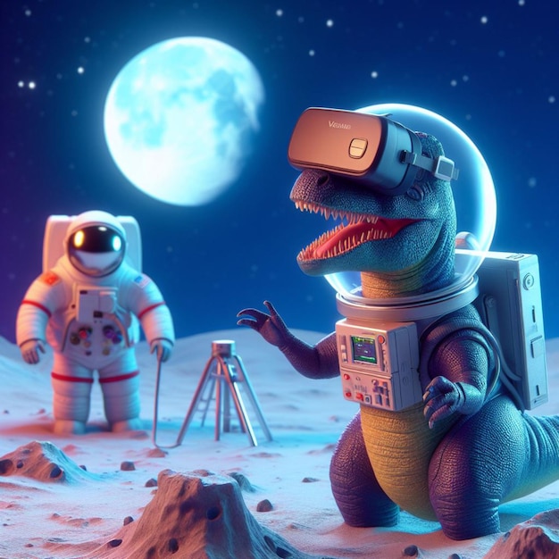 Astronauta dinosauro sulla luna una miscela stravagante di preistoria e tecnologia spaziale 3D