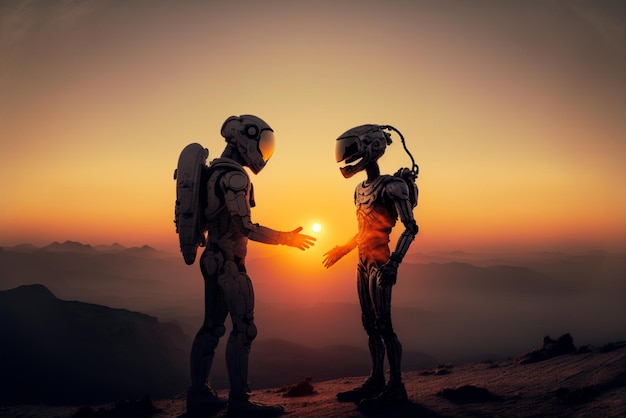 Astronauta e alieno o androide sul pianeta nello spazio profondo al tramonto IA generativa