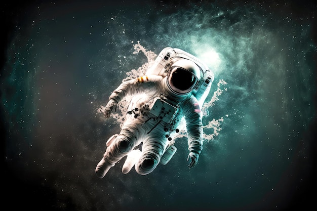 Astronauta fluttuante in assenza di gravità su sfondo scuro e