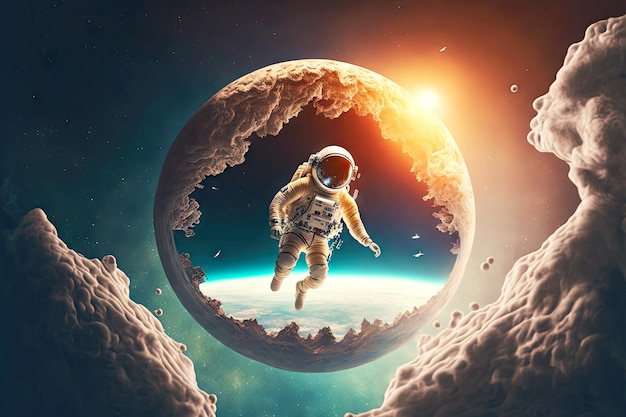 Astronauta fluttuante levitante in orbita del pianeta in esterno e