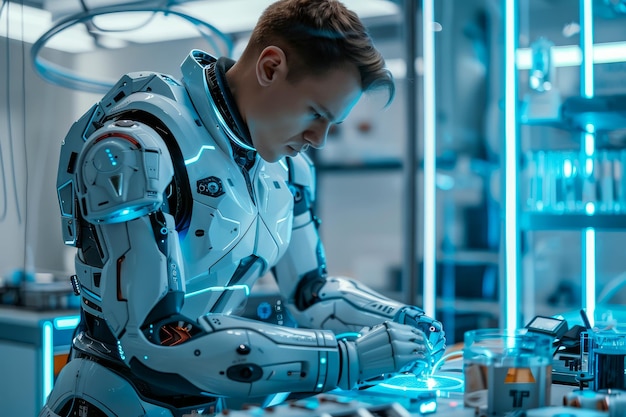 Astronauta futuristico impegnato nella manutenzione di attrezzature ad alta tecnologia in un laboratorio della stazione spaziale con