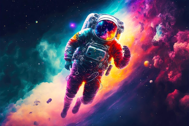 Astronauta galleggiante dell'universo fantasy sullo sfondo di galassie colorate