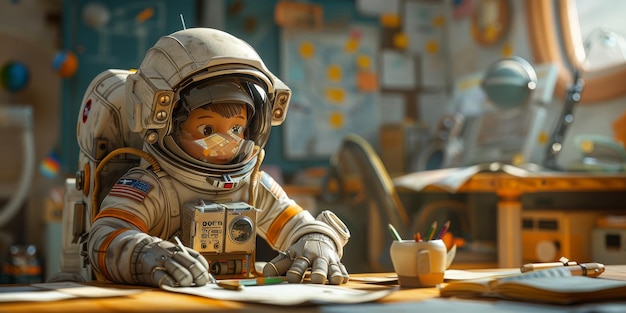 Astronauta in classe che impara sull'esplorazione e la colonizzazione dei pianeti