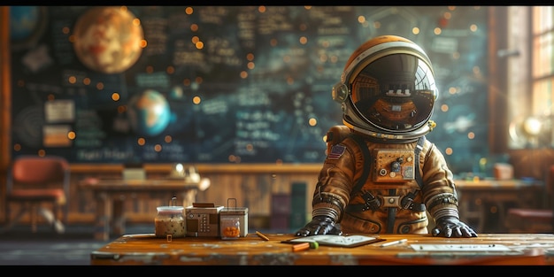 Astronauta in classe che impara sull'esplorazione e la colonizzazione dei pianeti