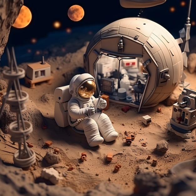 Astronauta in miniatura che si accampa e fa un picnic sulla luna