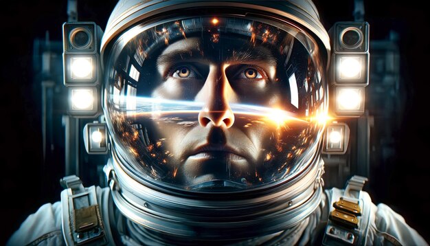 astronauta in nave spaziale che indossa un casco che si riflette nella drammatica scena dell'esplosione nucleare