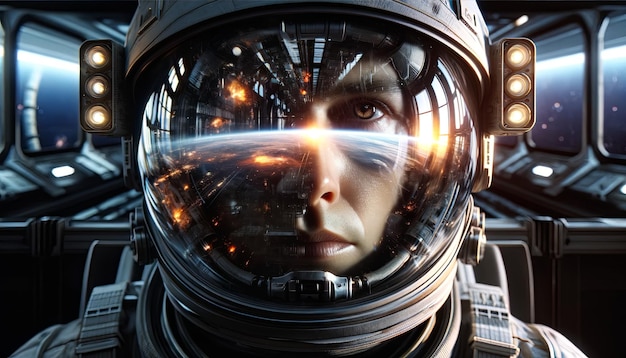 astronauta in nave spaziale che indossa un casco che si riflette nella drammatica scena dell'esplosione nucleare